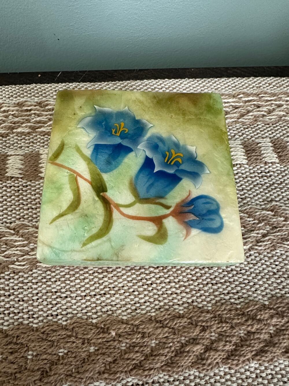 Capiz Shell Box with Bluebell Design, Airbrushed By Hand, Decorative Box Vintage